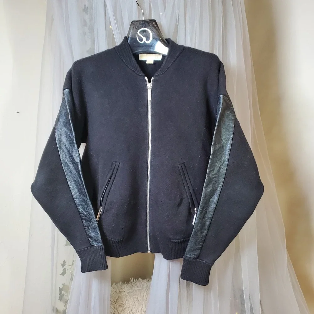 Michael Kors Retro Y2K Knit Full Zip Jacket Faux Leather Sleeve Classic Size S‎
